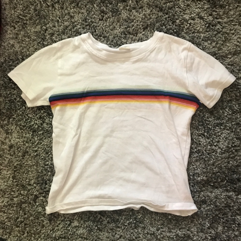 Brandy Melville White Crop Tee with Rainbow Stripe
